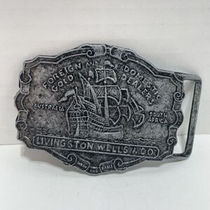 Vintage Belt Buckle Pirate Ship Gold Dealers Livingston Wells & Co Silver Nice